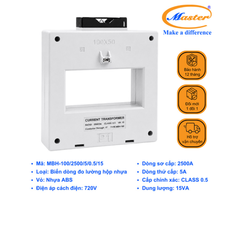 Biến Dòng Đo Lường Hộp Nhựa MBH-100 2500/5A CL0.5 15VA Master