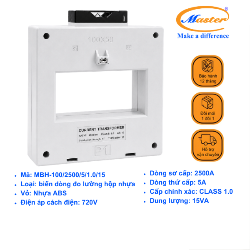 Biến Dòng Đo Lường Hộp Nhựa MBH-100 2500/5A CL1.0 15VA Master
