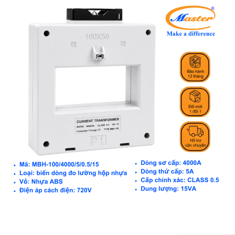 Biến Dòng Đo Lường Hộp Nhựa MBH-100 4000/5A CL0.5 15VA Master