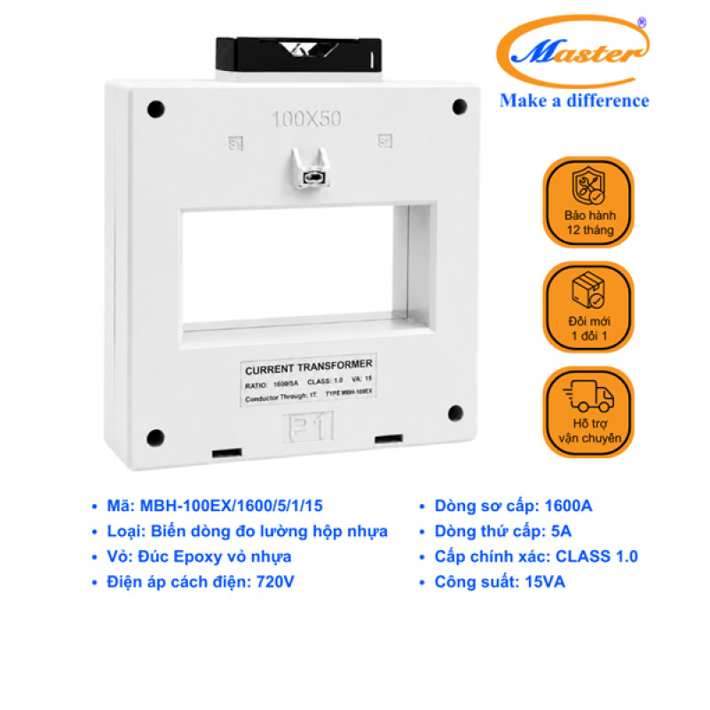 Biến Dòng Đo Lường MBH-100EX 1600/5A CL1.0 15VA Master - Loại Epoxy Vỏ Nhựa