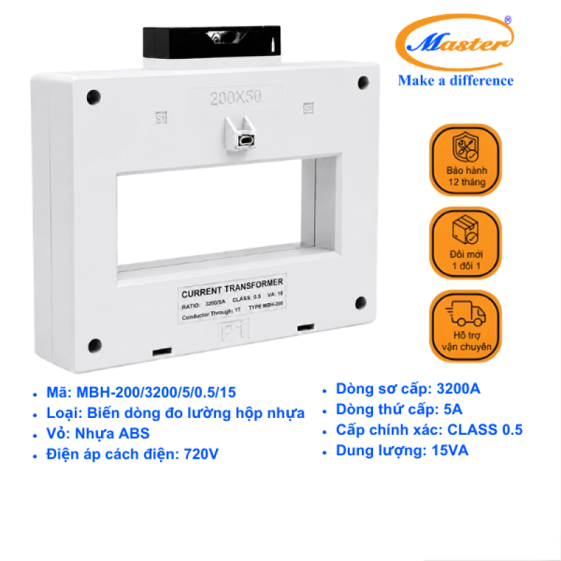 Biến Dòng Đo Lường Hộp Nhựa MBH-200 3200/5A CL0.5 15VA Master