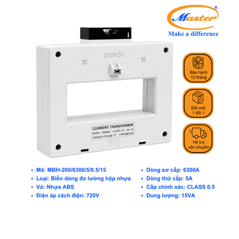 Biến Dòng Đo Lường Hộp Nhựa MBH-200 6300/5A CL0.5 15VA Master