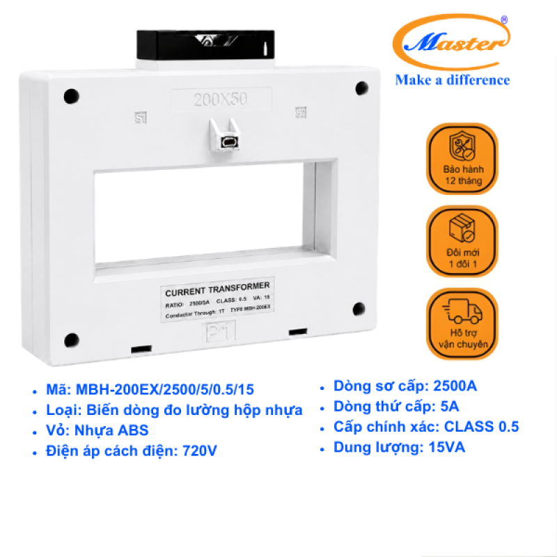 Biến Dòng Đo Lường MBH-200EX 2500/5A CL0.5 15VA Master - Loại Epoxy Vỏ Nhựa