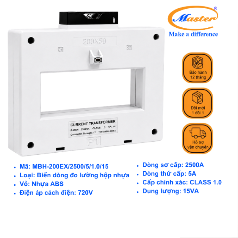 Biến Dòng Đo Lường MBH-200EX 2500/5A CL1.0 15VA Master - Loại Epoxy Vỏ Nhựa
