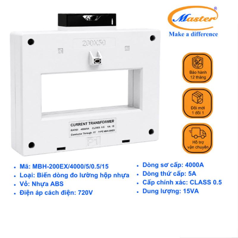 Biến Dòng Đo Lường MBH-200EX 4000/5A CL0.5 15VA Master - Loại Epoxy Vỏ Nhựa