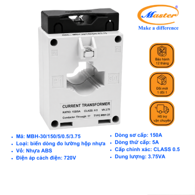 Biến Dòng Đo Lường Hộp Nhựa MBH-30 150/5A CL0.5 3.75VA Master