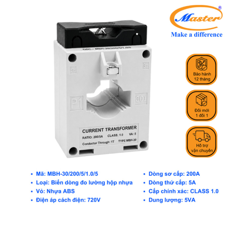 Biến Dòng Đo Lường Hộp Nhựa MBH-30 200/5A CL1.0 5VA Master