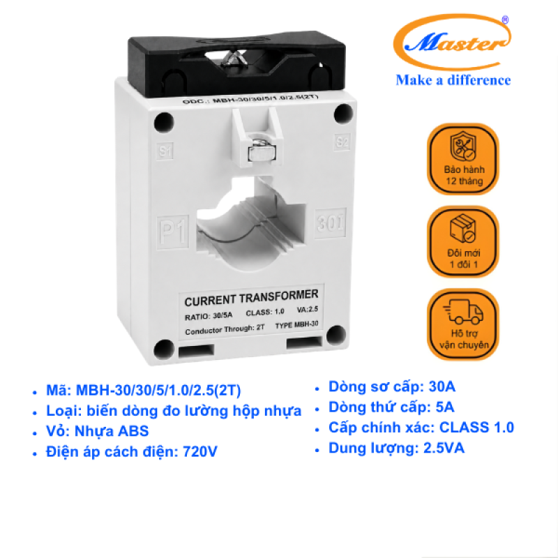 Biến Dòng Đo Lường Hộp Nhựa MBH-30 30/5A CL1.0 2.5VA Master