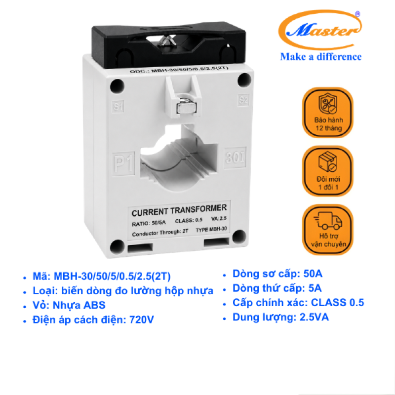 Biến Dòng Đo Lường Hộp Nhựa MBH-30 50/5A CL0.5 2.5VA Master
