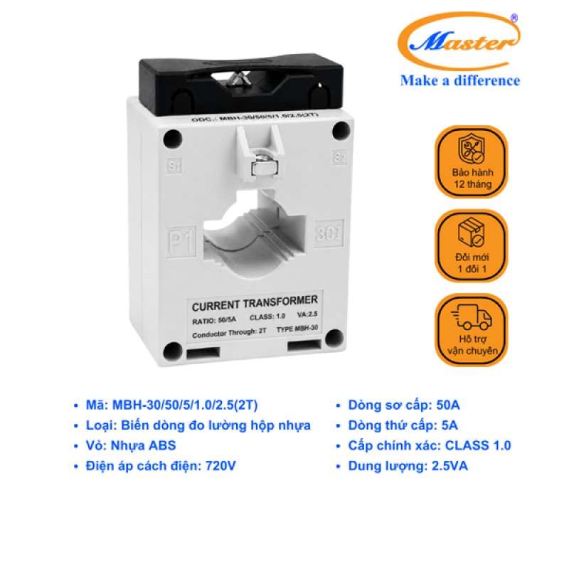 Biến Dòng Đo Lường Hộp Nhựa MBH-30 50/5A CL1.0 2.5VA Master