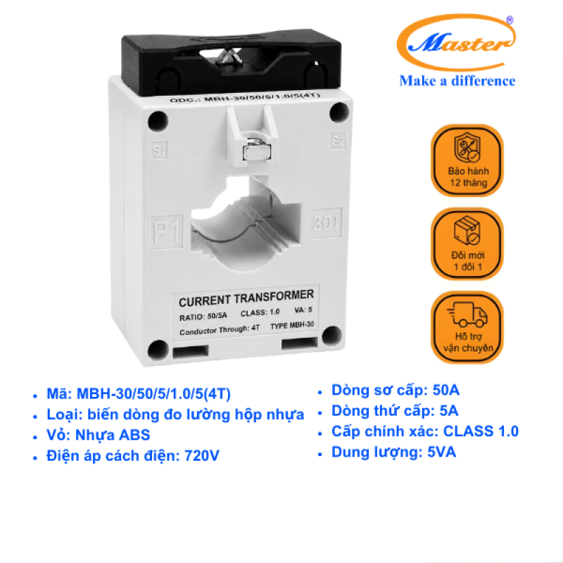 Biến Dòng Đo Lường Hộp Nhựa MBH-30 50/5A CL1.0 5VA Master