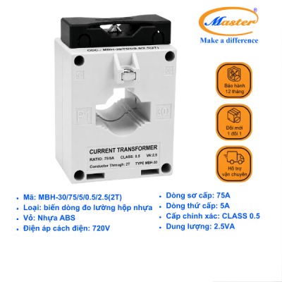 Biến Dòng Đo Lường Hộp Nhựa MBH-30 75/5A CL0.5 2.5VA Master