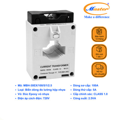 Biến Dòng Đo Lường MBH-30EX 100/5A CL1.0 2.5VA Master - Loại Epoxy Vỏ Nhựa