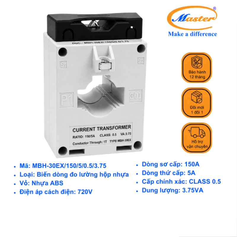 Biến Dòng Đo Lường MBH-30EX 150/5A CL0.5 3.75VA Master - Loại Epoxy Vỏ Nhựa