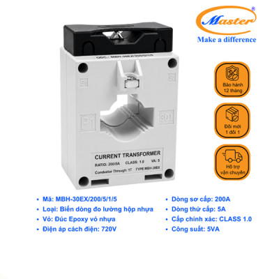 Biến Dòng Đo Lường MBH-30EX 200/5A CL1.0 5VA Master - Loại Epoxy Vỏ Nhựa
