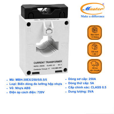 Biến Dòng Đo Lường MBH-30EX 250/5A CL0.5 5VA Master - Loại Epoxy Vỏ Nhựa