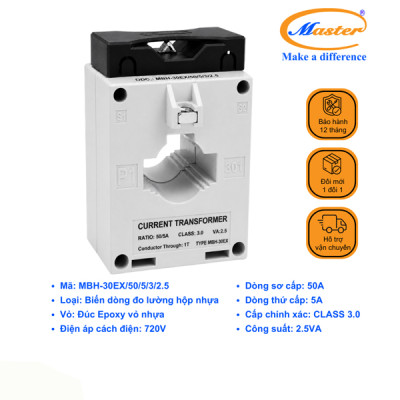Biến Dòng Đo Lường MBH-30EX 50/5A CL3.0 2.5VA Master - Loại Epoxy Vỏ Nhựa