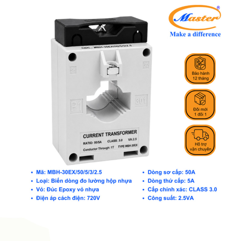 Biến Dòng Đo Lường MBH-30EX 50/5A CL3.0 2.5VA Master - Loại Epoxy Vỏ Nhựa