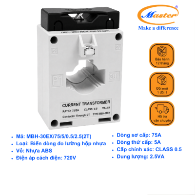 Biến Dòng Đo Lường MBH-30EX 75/5A CL0.5 2.5VA Master - Loại Epoxy Vỏ Nhựa