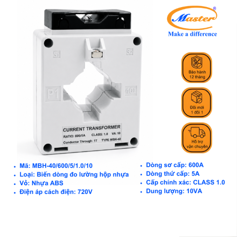 Biến Dòng Đo Lường Hộp Nhựa MBH-40 600/5A CL1.0 10VA Master