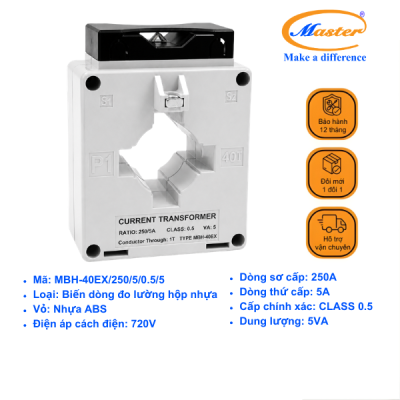 Biến Dòng Đo Lường MBH-40EX 250/5A CL0.5 5VA Master - Loại Epoxy Vỏ Nhựa