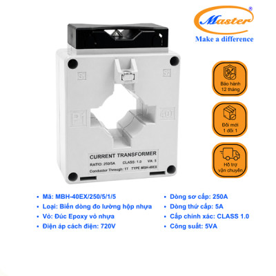 Biến Dòng Đo Lường MBH-40EX 250/5A CL1.0 5VA Master - Loại Epoxy Vỏ Nhựa
