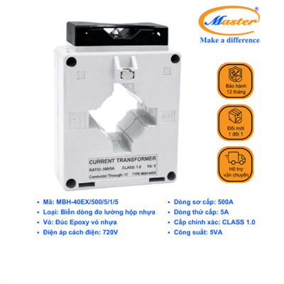 Biến Dòng Đo Lường MBH-40EX 500/5A CL1.0 5VA Master - Loại Epoxy Vỏ Nhựa