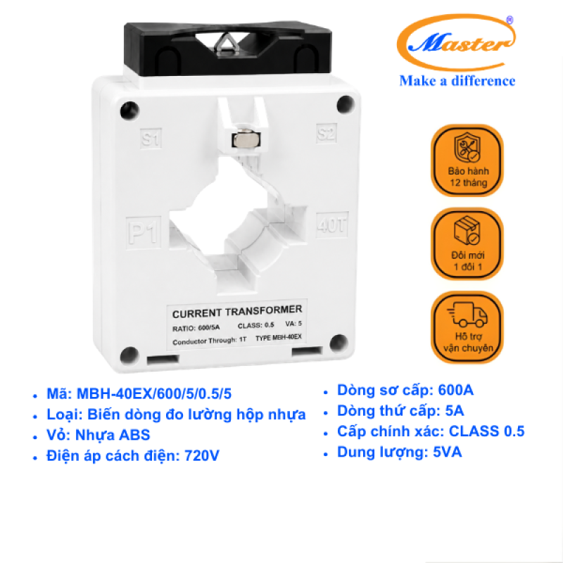 Biến Dòng Đo Lường MBH-40EX 600/5A CL0.5 5VA Master - Loại Epoxy Vỏ Nhựa