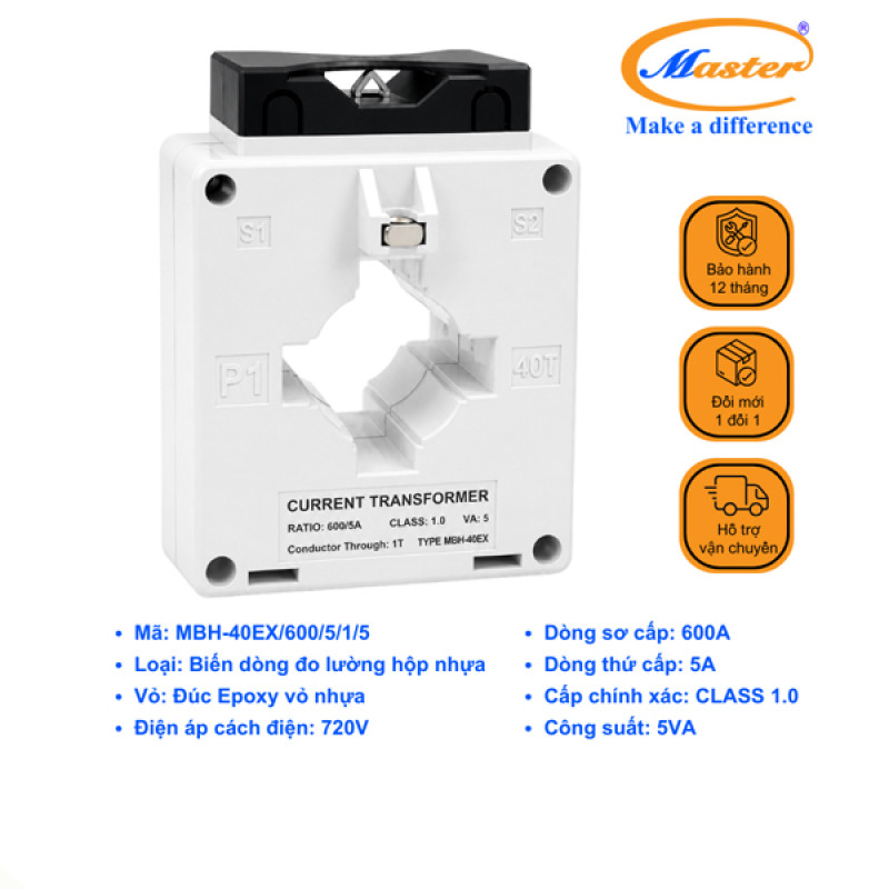 Biến Dòng Đo Lường MBH-40EX 600/5A CL1.0 5VA Master - Loại Epoxy Vỏ Nhựa