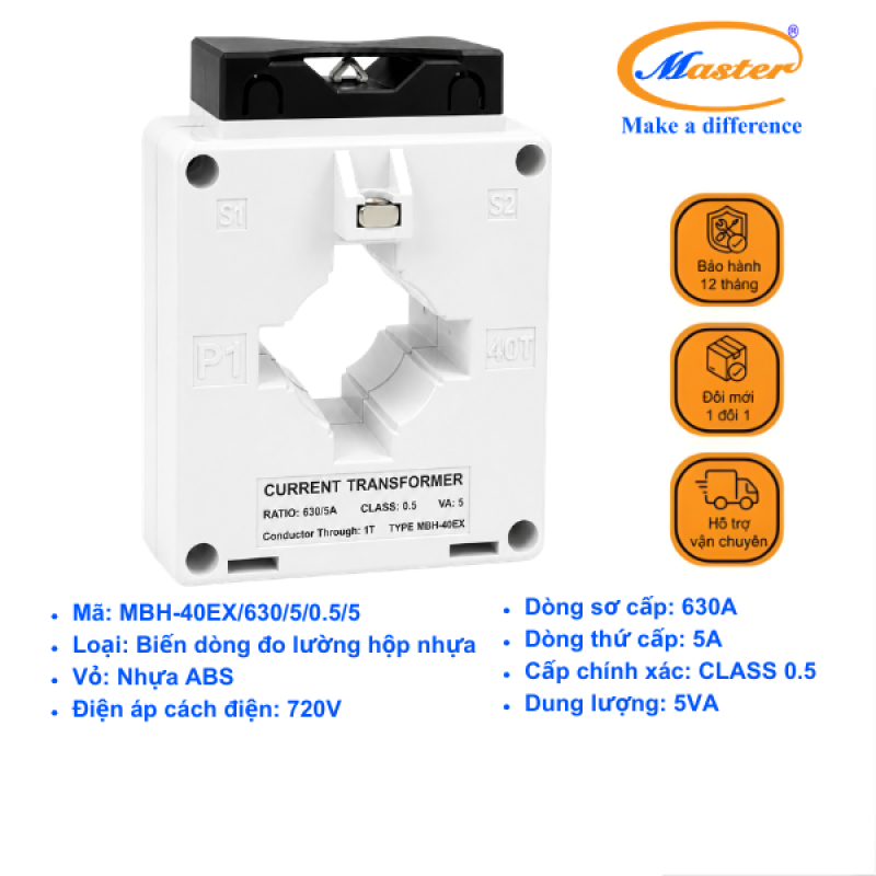 Biến Dòng Đo Lường MBH-40EX 630/5A CL0.5 5VA Master - Loại Epoxy Vỏ Nhựa