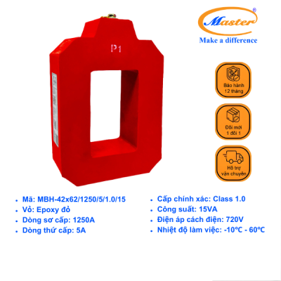 Biến Dòng Đo Lường MCT 1250/5A CL1.0 15VA ID:42x62 Master - Đúc Epoxy Vuông Đỏ