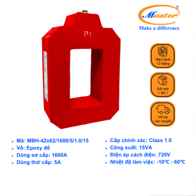 Biến Dòng Đo Lường MCT 1600/5A CL1.0 15VA ID:42x62 Master - Đúc Epoxy Vuông Đỏ
