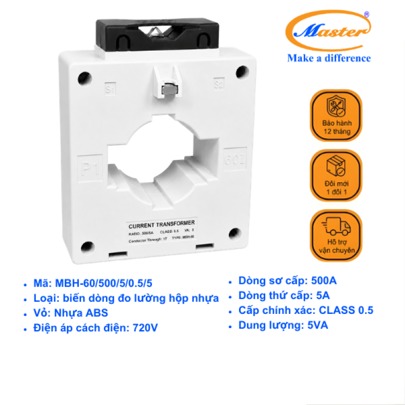 Biến Dòng Đo Lường Hộp Nhựa MBH-60 500/5A CL0.5 5VA Master