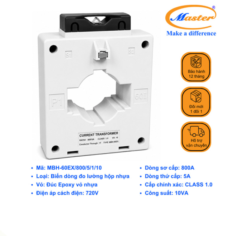 Biến Dòng Đo Lường MBH-60EX 800/5A CL1.0 10VA Master - Loại Epoxy Vỏ Nhựa