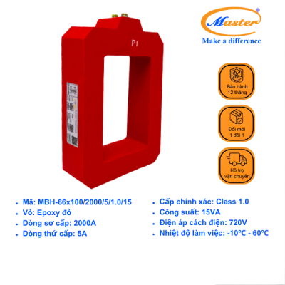 Biến Dòng Đo Lường MCT 2000/5A CL1.0 15VA ID:66x100 Master - Đúc Epoxy Vuông Đỏ