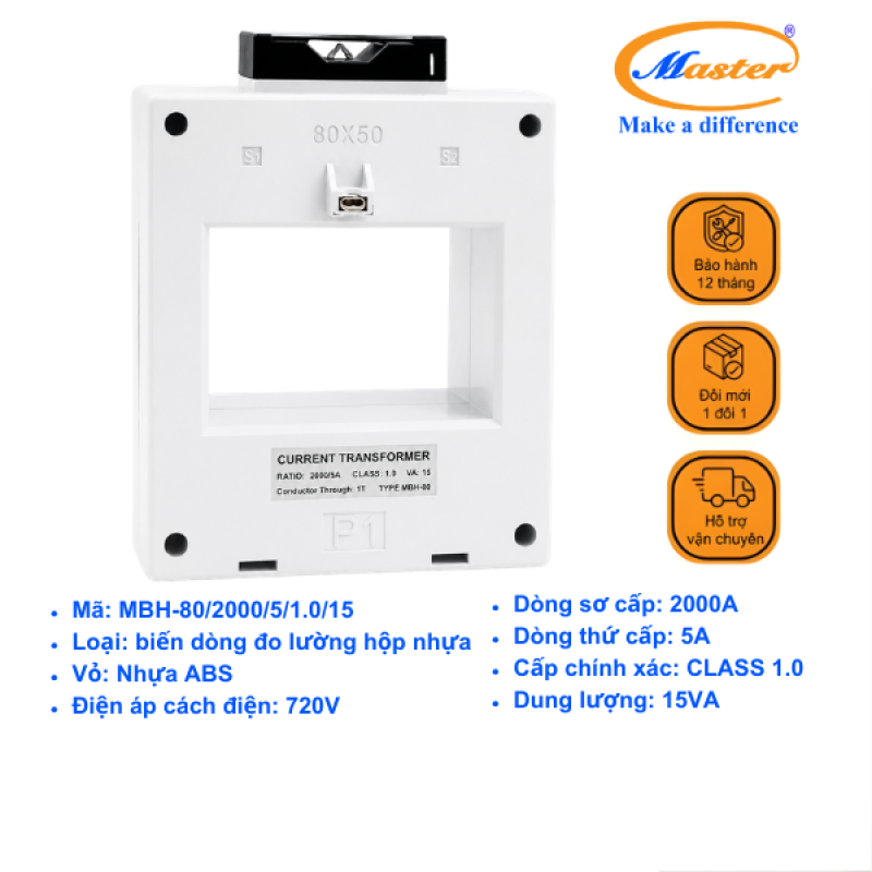 Biến Dòng Đo Lường Hộp Nhựa MBH-80 2000/5A CL1.0 15VA Master