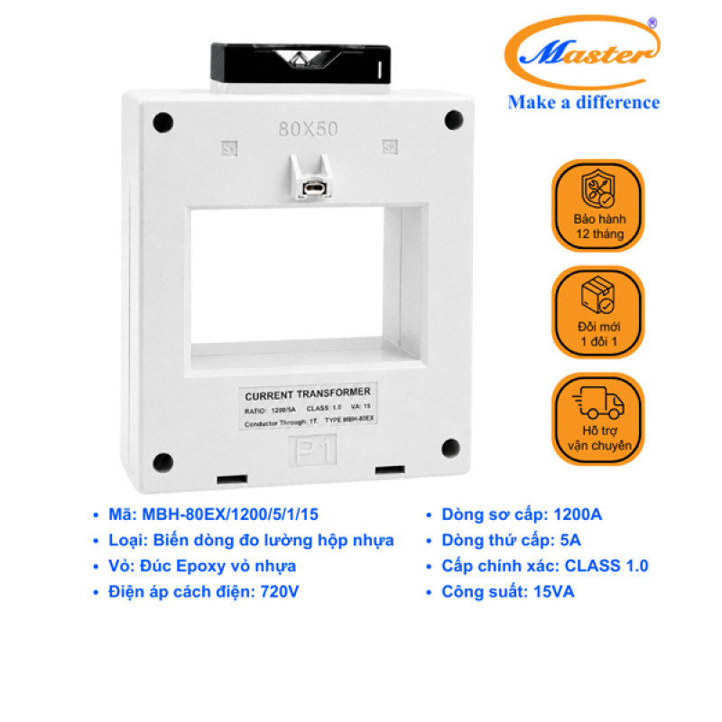 Biến Dòng Đo Lường MBH-80EX 1200/5A CL1.0 15VA Master - Loại Epoxy Vỏ Nhựa