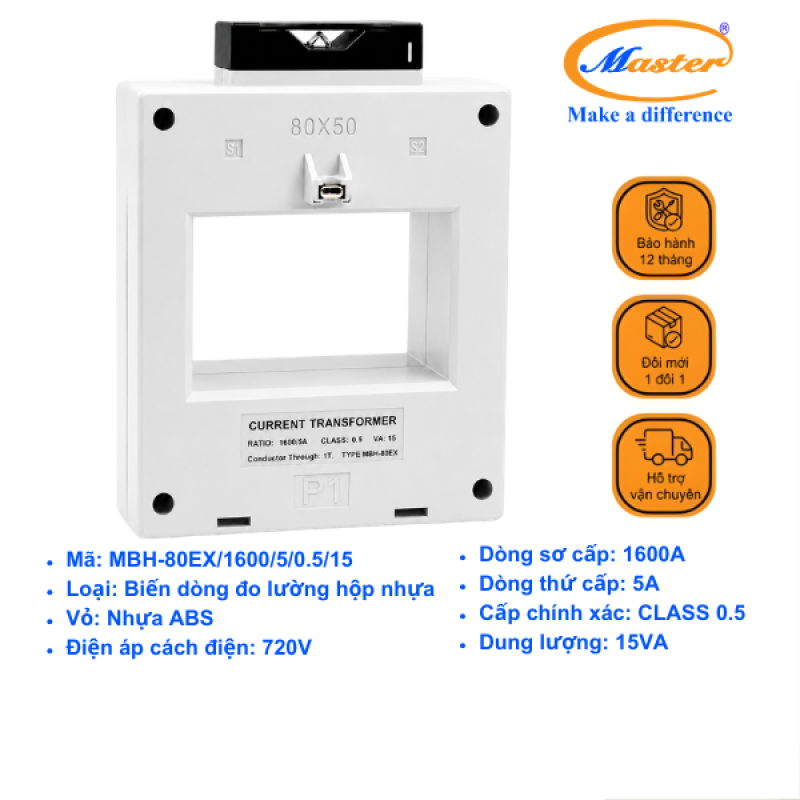 Biến Dòng Đo Lường MBH-80EX 1600/5A CL0.5 15VA Master - Loại Epoxy Vỏ Nhựa