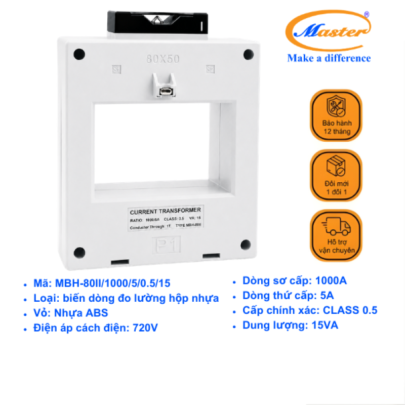 Biến Dòng Đo Lường Hộp Nhựa MBH-80II 1000/5A CL0.5 15VA Master