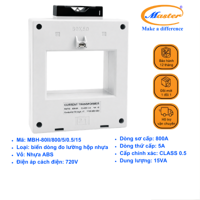 Biến Dòng Đo Lường Hộp Nhựa MBH-80II 800/5A CL0.5 15VA Master
