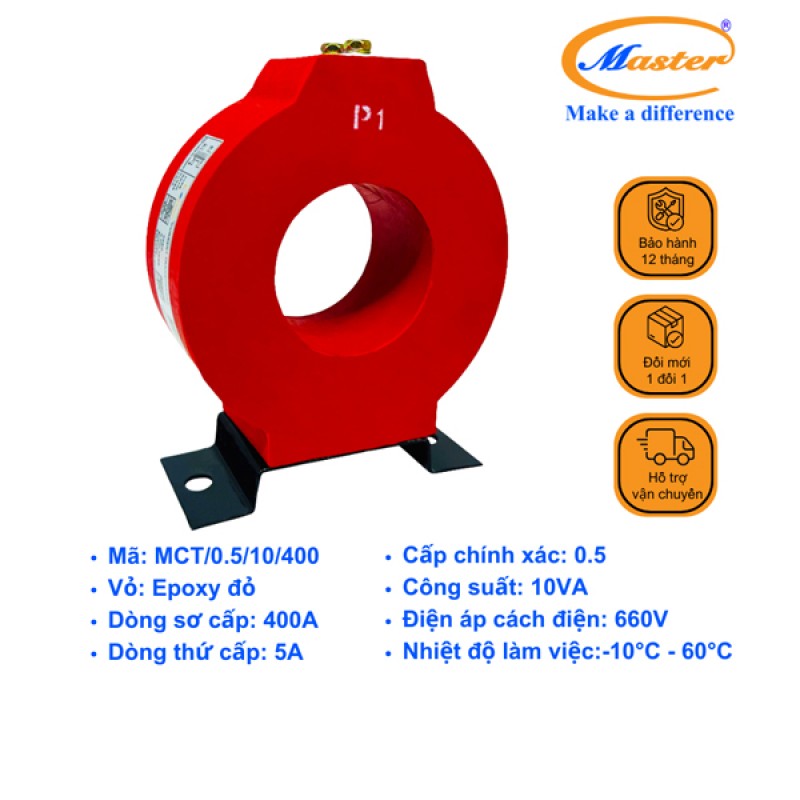 Biến Dòng Đo Lường MCT 400/5A CL0.5 10VA Master - Đúc Epoxy Tròn Đỏ