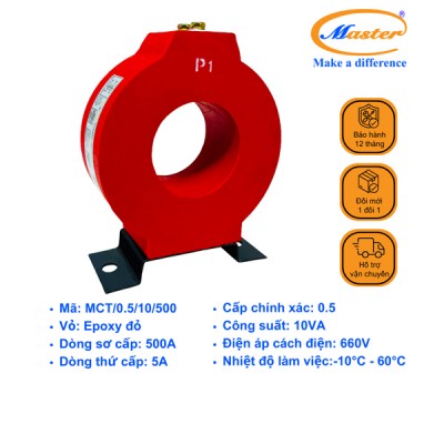 Biến Dòng Đo Lường MCT 500/5A CL0.5 10VA Master - Đúc Epoxy Tròn Đỏ