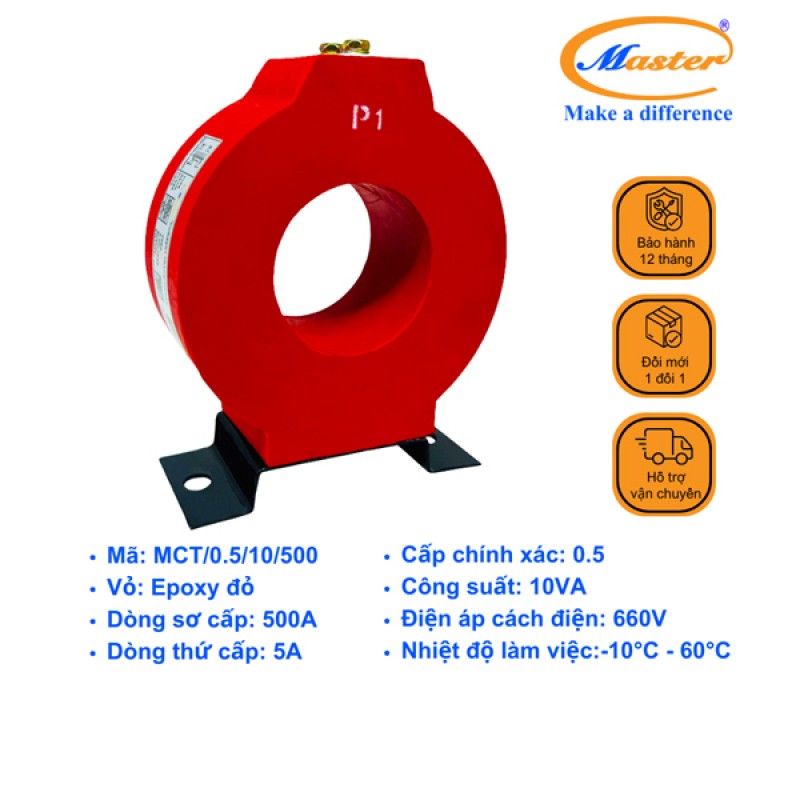 Biến Dòng Đo Lường MCT 500/5A CL0.5 10VA Master - Đúc Epoxy Tròn Đỏ