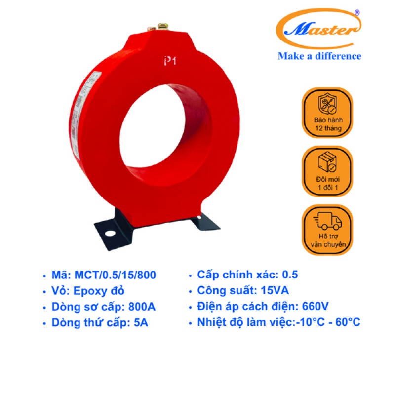 Biến Dòng Đo Lường MCT 800/5A CL0.5 15VA Master - Đúc Epoxy Tròn Đỏ