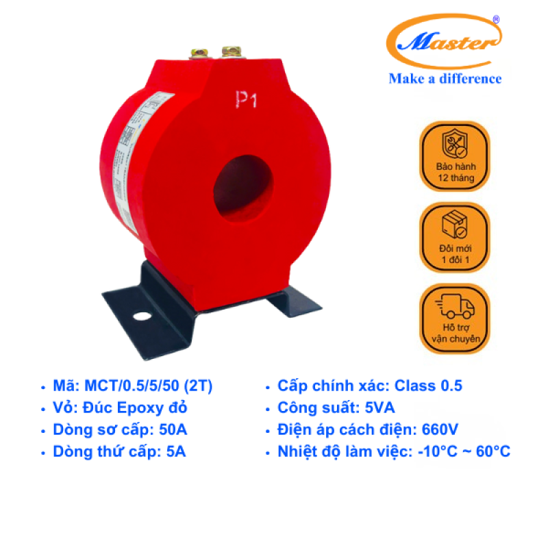 Biến Dòng Đo Lường MCT 50/5A CL0.5 5VA Master - Đúc Epoxy Tròn Đỏ