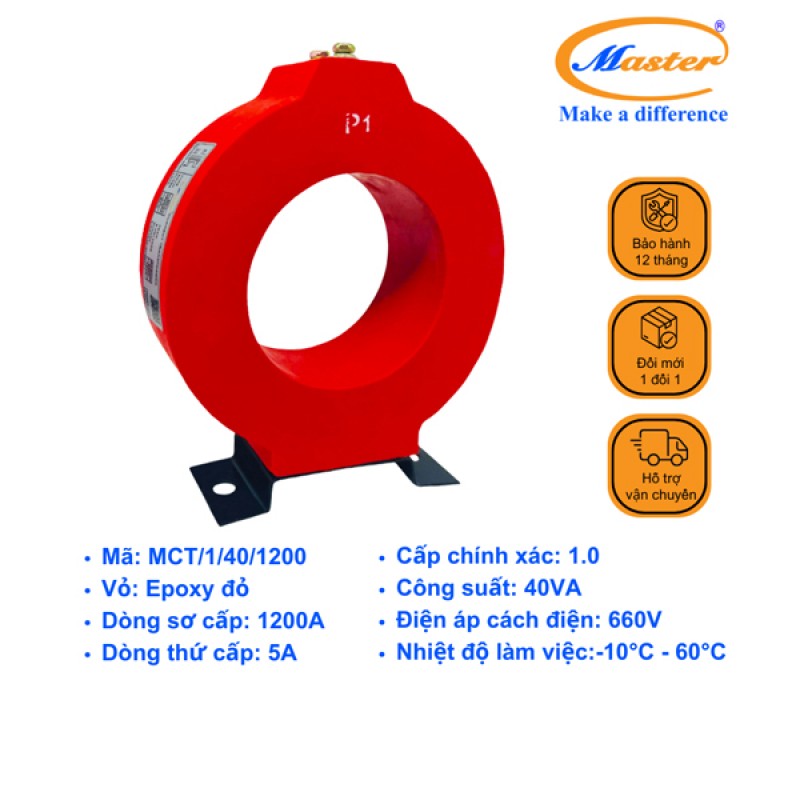 Biến Dòng Đo Lường MCT 1200/5A CL1.0 40VA Master - Đúc Epoxy Vuông Đỏ