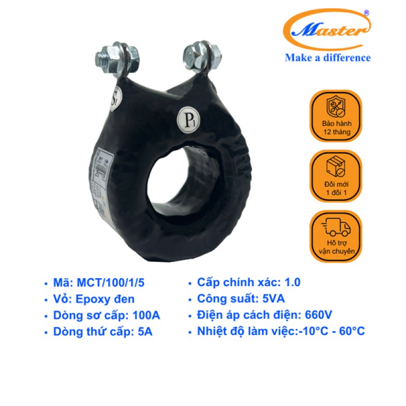 Biến Dòng Đo Lường MCT 100/5A CL1.0 5VA Master - Đúc Epoxy Tròn Đen