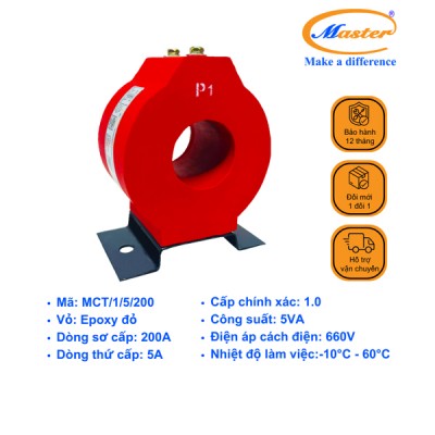 Biến Dòng Đo Lường MCT 200/5A CL1.0 5VA Master - Đúc Epoxy Tròn Đỏ