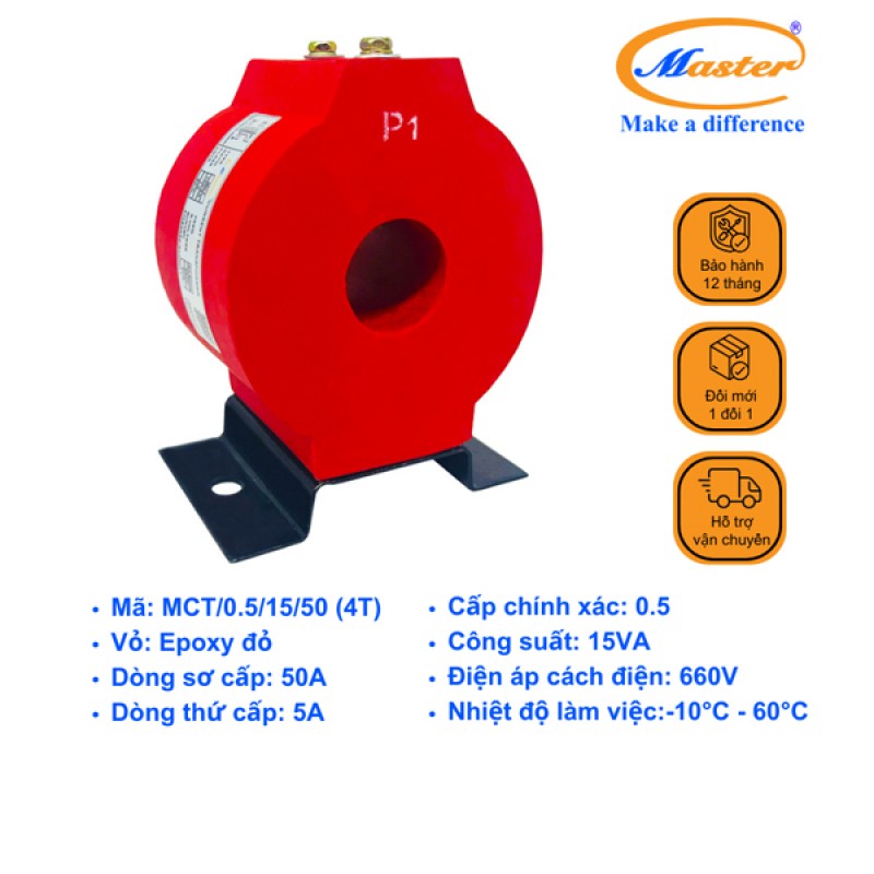 Biến Dòng Đo Lường MCT 50/5A CL0.5 15VA Master - Đúc Epoxy Tròn Đỏ