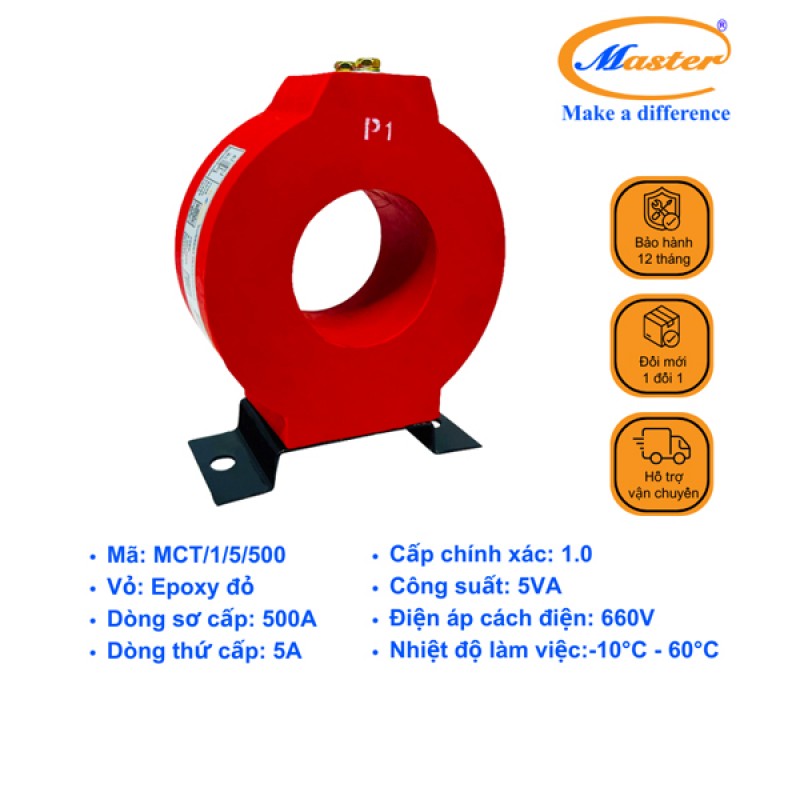 Biến Dòng Đo Lường MCT 500/5A CL1.0 5VA Master - Đúc Epoxy Tròn Đỏ